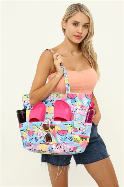 Kadın Çantası, Fonksiyonel Baskılı Plaj Çanta, Beach Bag, Karpuz Tropical Desenli Fermuarlı Çanta