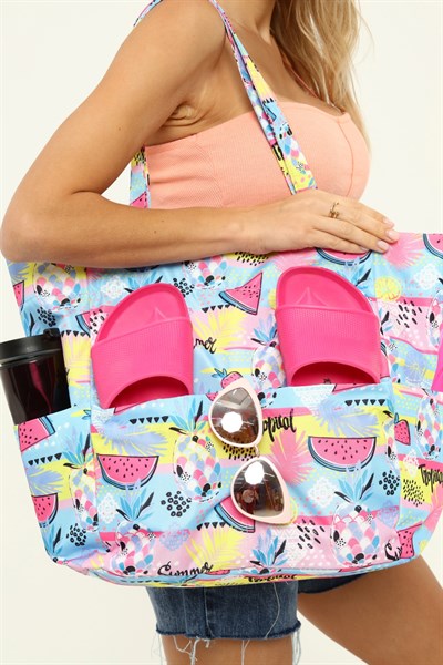 Kadın Çantası, Fonksiyonel Baskılı Plaj Çanta, Beach Bag, Karpuz Tropical Desenli Fermuarlı Çanta