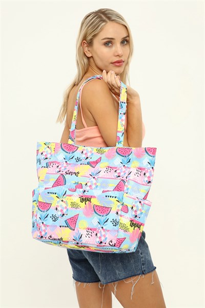 Kadın Çantası, Fonksiyonel Baskılı Plaj Çanta, Beach Bag, Karpuz Tropical Desenli Fermuarlı Çanta
