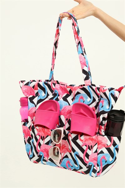 Kadın Plaj Çantası, Fonksiyonel Baskılı Plaj Çantası, Beach Bag, Flamingo Desenli Fermuarlı Çanta