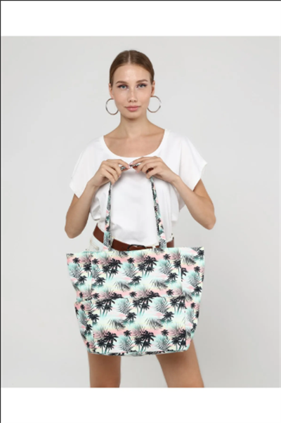 Kadın Plaj Çantası, Fonksiyonel Baskılı Plaj Çanta, Beach Bag, Deniz Kabuğu Desenli Fermuarlı Çanta