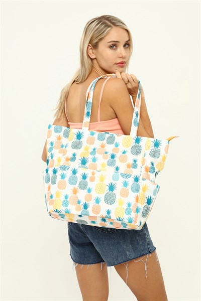 Kadın Plaj Çantası, Fonksiyonel Baskılı Plaj Çantası, Beach Bag, Ananas Desenli Fermuarlı Çanta