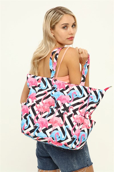 Kadın Plaj Çantası, Fonksiyonel Baskılı Plaj Çantası, Beach Bag, Flamingo Desenli Fermuarlı Çanta