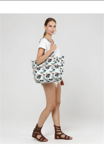 Kadın Plaj Çantası, Fonksiyonel Baskılı Plaj Çanta, Beach Bag, Deniz Kabuğu Desenli Fermuarlı Çanta
