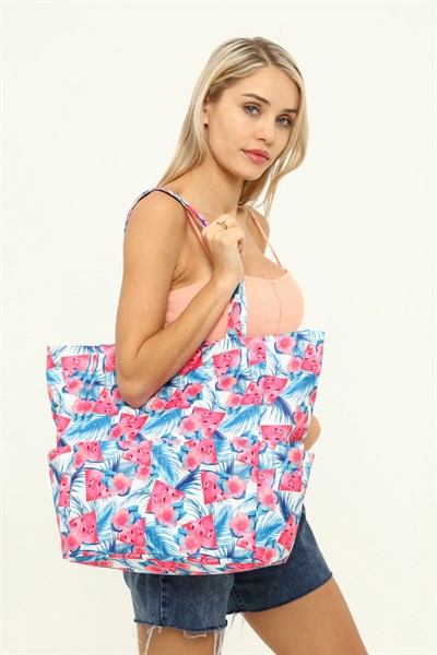 Kadın Plaj Çantası, Fonksiyonel Baskılı Plaj Çantası, Beach Bag, Karpuz Desenli Fermuarlı Çanta