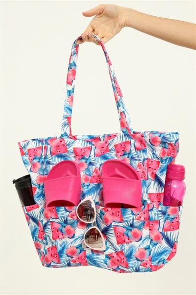 Kadın Plaj Çantası, Fonksiyonel Baskılı Plaj Çantası, Beach Bag, Karpuz Desenli Fermuarlı Çanta