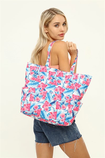 Kadın Plaj Çantası, Fonksiyonel Baskılı Plaj Çantası, Beach Bag, Karpuz Desenli Fermuarlı Çanta