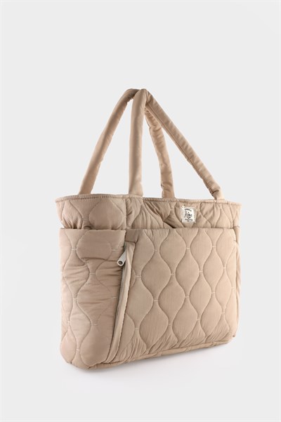 Kapitoneli Paraşüt Çanta - Laptop Bölmeli, Büyük Cepli, Suluk Gözlü, Valiz Aparatlı Bej