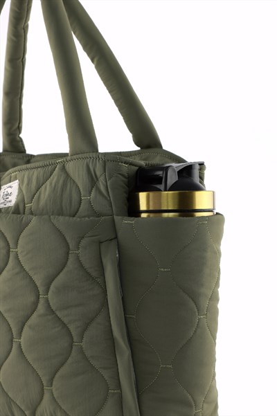 Kapitoneli Paraşüt Çanta - Laptop Bölmeli, Büyük Cepli, Suluk Gözlü, Valiz Aparatlı Haki