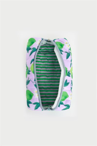 Kiraz Baskılı Kapitoneli Üçgen Makyaj Çantası Limon