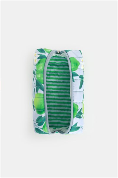 Kiraz Baskılı Kapitoneli Üçgen Makyaj Çantası Lime