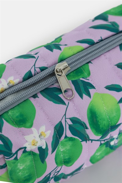 Kiraz Baskılı Kapitoneli Üçgen Makyaj Çantası Limon