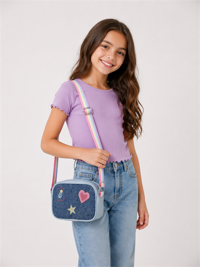 Kız Çocuk Omuz Çantası, Denim İşlemeli Kız Çocuk Çantası, Kot Çocuk Çanta