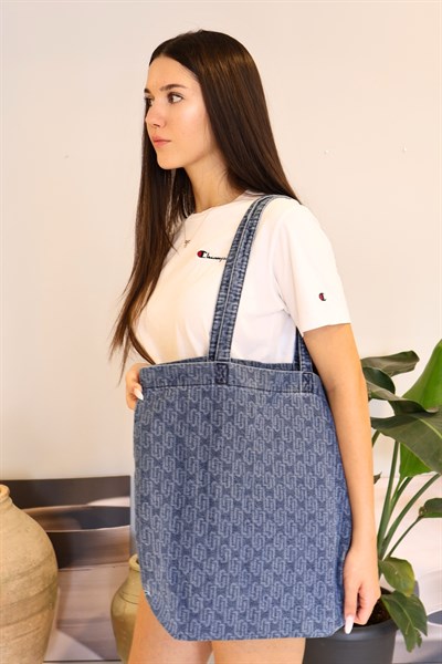 Leopar Desenli Yıkamalı Denim Kadın Çantası, Geniş Hacimli, Desenli El ve Omuz Bez Çanta Shopper Mavi Zincir