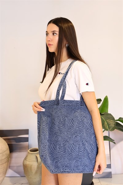 Leopar Desenli Yıkamalı Denim Kadın Çantası, Geniş Hacimli, Desenli El ve Omuz Bez Çanta Shopper Mavi Zebra