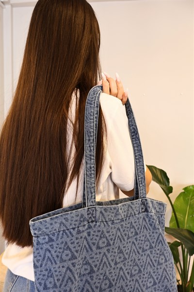 Leopar Desenli Yıkamalı Denim Kadın Çantası, Geniş Hacimli, Desenli El ve Omuz Bez Çanta Shopper Mavi