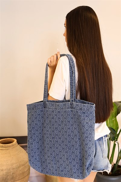 Leopar Desenli Yıkamalı Denim Kadın Çantası, Geniş Hacimli, Desenli El ve Omuz Bez Çanta Shopper Mavi Zincir