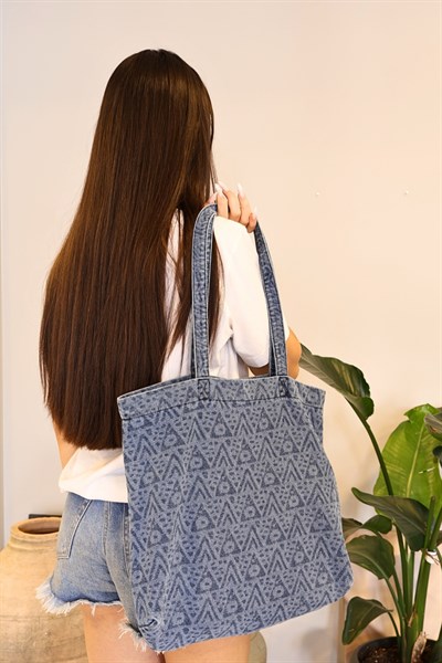 Leopar Desenli Yıkamalı Denim Kadın Çantası, Geniş Hacimli, Desenli El ve Omuz Bez Çanta Shopper Mavi