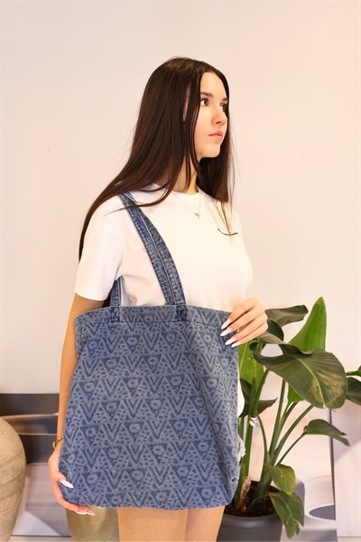Leopar Desenli Yıkamalı Denim Kadın Çantası, Geniş Hacimli, Desenli El ve Omuz Bez Çanta Shopper Mavi