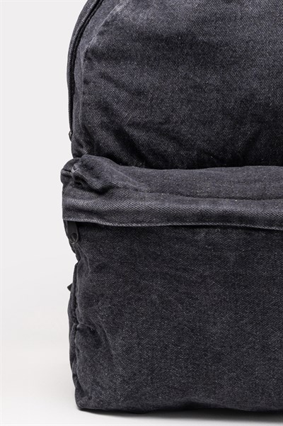 Ön Cep Nakışlı Denim Yıkamalı Sırt Çantası, Kot Sırt Çantası Kot Siyah