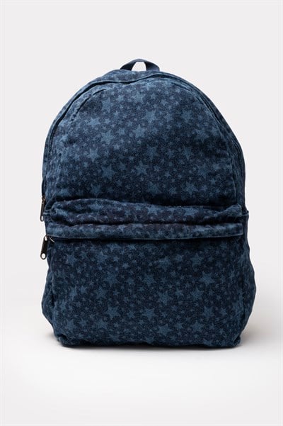 Ön Cep Nakışlı Denim Yıkamalı Sırt Çantası, Kot Sırt Çantası Kot Kot Yıldızı