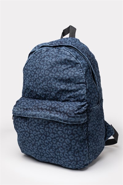 Ön Cep Nakışlı Denim Yıkamalı Sırt Çantası, Kot Sırt Çantası Kot Leopar