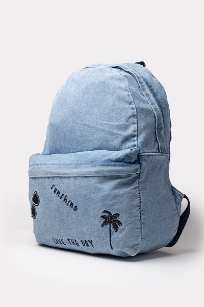 Ön Cep Nakışlı Denim Yıkamalı Sırt Çantası, Kot Sırt Çantası Kot Mavi