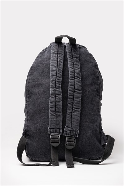 Ön Cep Nakışlı Denim Yıkamalı Sırt Çantası, Kot Sırt Çantası Kot Siyah