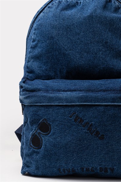 Ön Cep Nakışlı Denim Yıkamalı Sırt Çantası, Kot Sırt Çantası Kot Lacivert