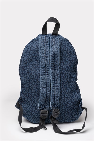 Ön Cep Nakışlı Denim Yıkamalı Sırt Çantası, Kot Sırt Çantası Kot Leopar