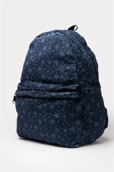 Ön Cep Nakışlı Denim Yıkamalı Sırt Çantası, Kot Sırt Çantası Kot Kot Yıldızı
