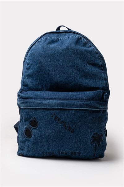 Ön Cep Nakışlı Denim Yıkamalı Sırt Çantası, Kot Sırt Çantası Kot Lacivert