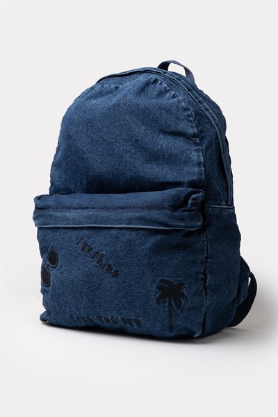Ön Cep Nakışlı Denim Yıkamalı Sırt Çantası, Kot Sırt Çantası Kot Lacivert