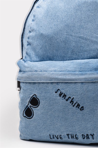 Ön Cep Nakışlı Denim Yıkamalı Sırt Çantası, Kot Sırt Çantası Kot Mavi