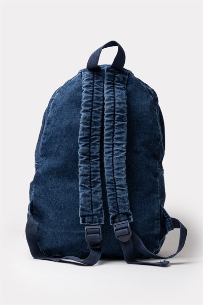 Ön Cep Nakışlı Denim Yıkamalı Sırt Çantası, Kot Sırt Çantası Kot Lacivert