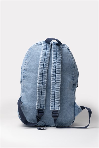 Ön Cep Nakışlı Denim Yıkamalı Sırt Çantası, Kot Sırt Çantası Kot Mavi