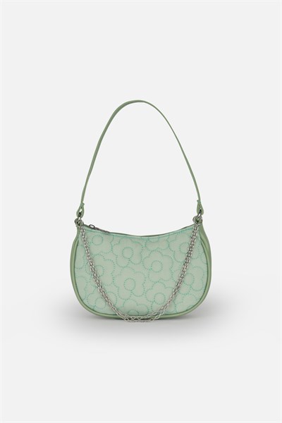 Paraşüt Kumaş Çiçek Kapitoneli, Suni Deri Detaylı, Su Yeşili Kız Çocuk Baget Omuz Çantası