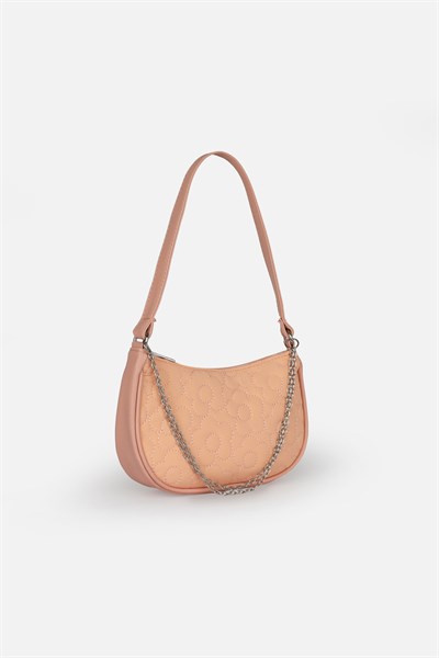 Paraşüt Kumaş Çiçek Kapitoneli, Suni Deri Detaylı, Şeftali Kız Çocuk Baget Omuz Çantası