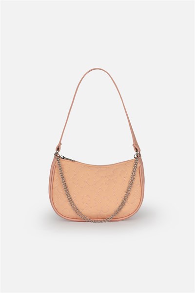 Paraşüt Kumaş Çiçek Kapitoneli, Suni Deri Detaylı, Şeftali Kız Çocuk Baget Omuz Çantası