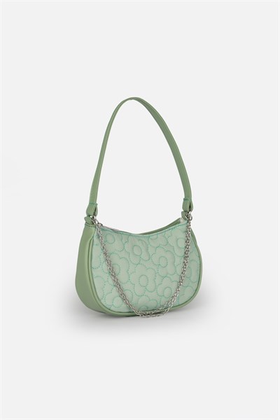 Paraşüt Kumaş Çiçek Kapitoneli, Suni Deri Detaylı, Su Yeşili Kız Çocuk Baget Omuz Çantası