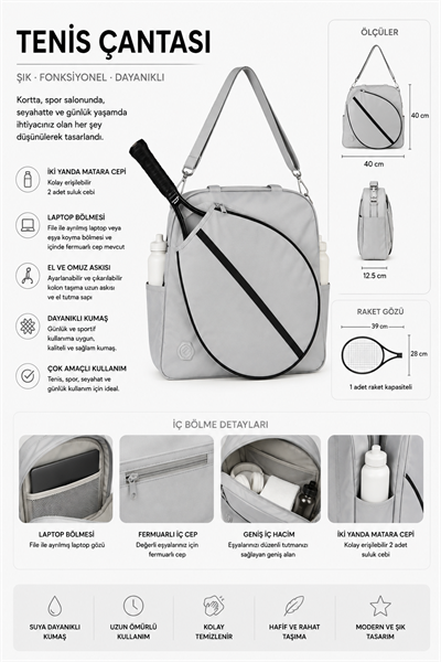 Paraşüt Kumaş Tenis çantası,Padel Çantası, Raket Cepli Tenis Çantası, Tennis Bag