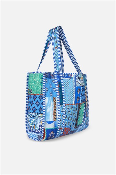Patch Baskılı Kapitoneli Plaj Çantası, İçi Çizgili Baskılı ve Cepli Shopper Çanta, Plaj Çantası