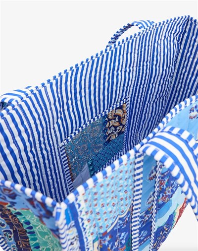 Patch Baskılı Kapitoneli Plaj Çantası, İçi Çizgili Baskılı ve Cepli Shopper Çanta, Plaj Çantası