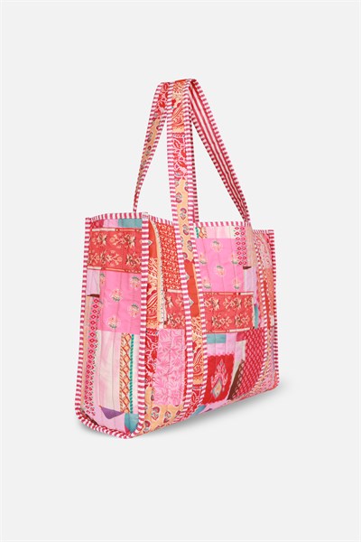Patch Baskılı Kapitoneli Plaj Çantası, İçi Çizgili Baskılı ve Cepli Shopper Çanta, Plaj Çantası