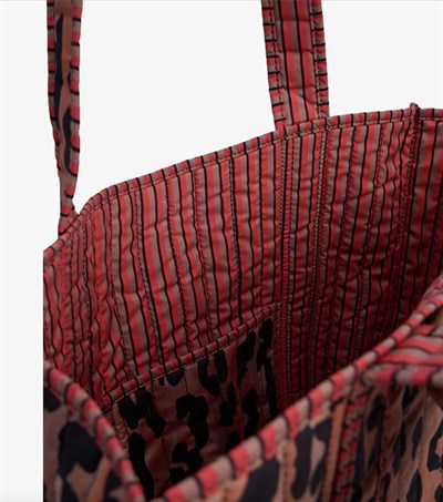 Patch Yama Desen Baskılı Kapitoneli Plaj Çantası, İçi Çizgili Baskılı Shopper Çanta, Pembe Plaj Çantası