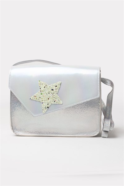 Simli Yıldız Baskılı Kız Çocuk Çantası, Parlak Görünümlü El ve Omuz Star Çocuk Çanta Gümüş