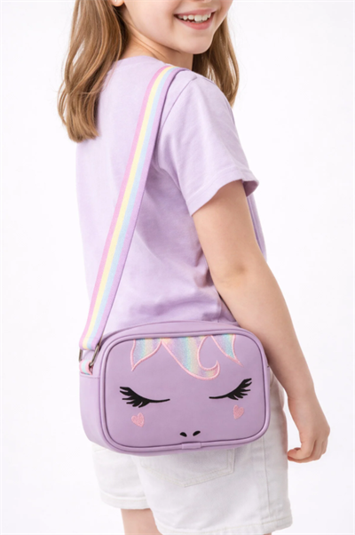Unicorn Nakışlı Kız Çocuk Çantası, Çocuk Omuz Çantası, Unicorn Çanta Mor