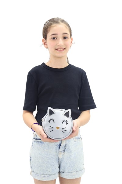 Yuvarlak Kedi Kafası Tasarımlı Kız Çocuk Omuz Çantası Suni Kız Çocuk Çantası Gümüş