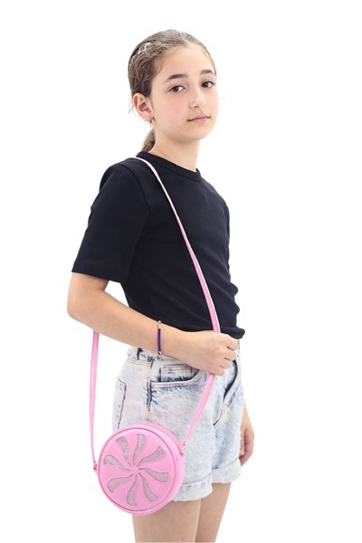 Yuvarlak Kız Çocuk Çantası Simli Suni Kız Çocuk Çantası Pembe