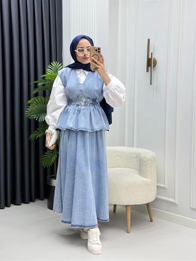 Denim Kuşaklı Yelek Takım